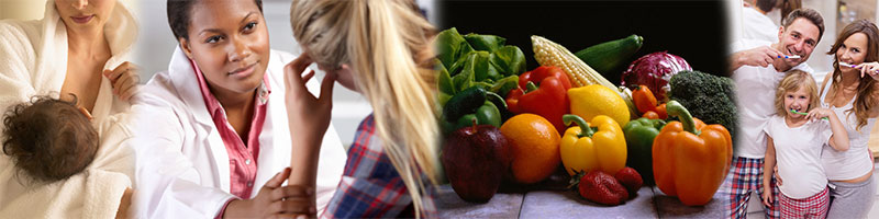 Women holding baby, nurse checking on women, vegetables, familiy brushing teeth