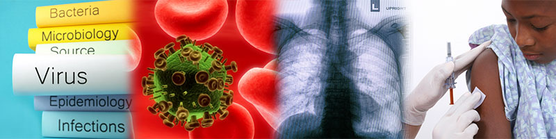 Graphic collage of infectious diseases. A List of infectious disease words, red blood cells around virus, x-ray of lungs and male getting a check up.) 