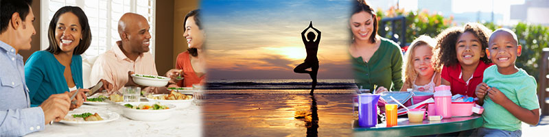 The collage combines elements of a group of friends eating, yoga silhouette and a women with children at the park smiling