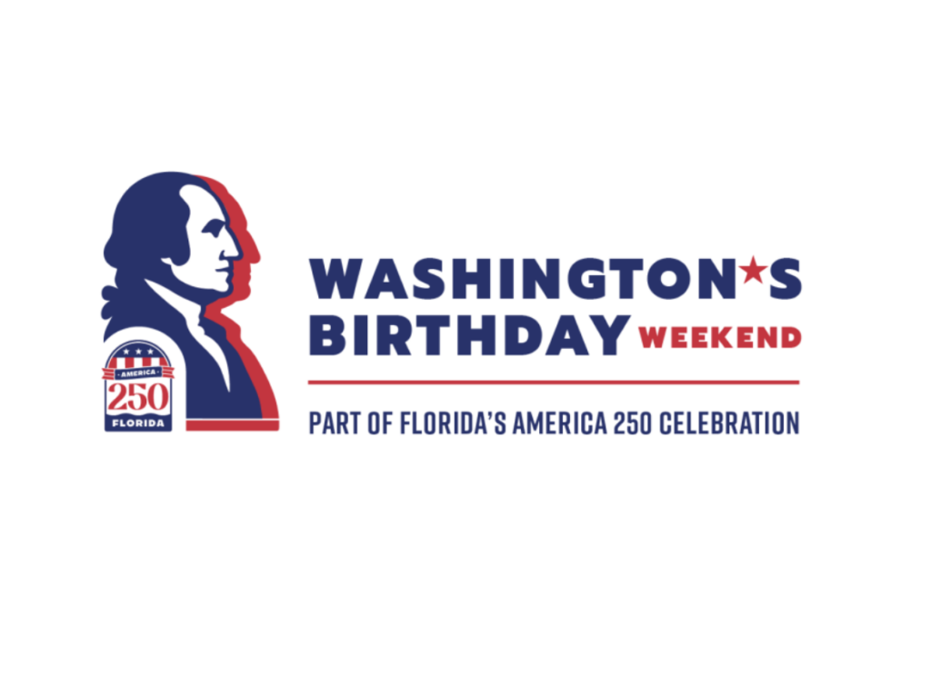 Graphic for Washington's Birthday Weekend, featuring a blue George Washington silhouette with a red shadow and an 'America 250 Florida' shield logo. Text reads 'Washington's Birthday Weekend' and 'Part of Florida's America 250 Celebration.'