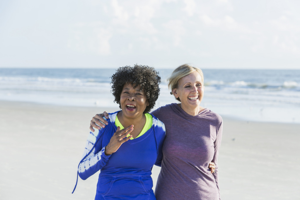Women walking along the beach.